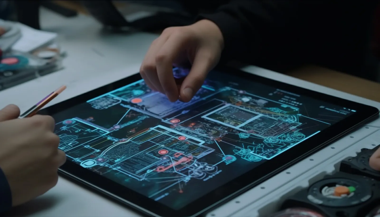 Engineer working on a complex circuit design tablet