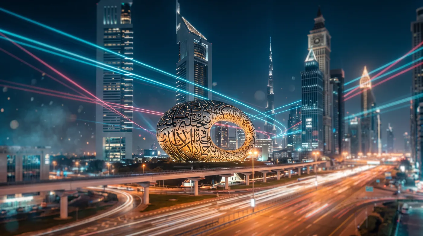 Museum of the Future and the Dubai skyline at night, streaked with light trails