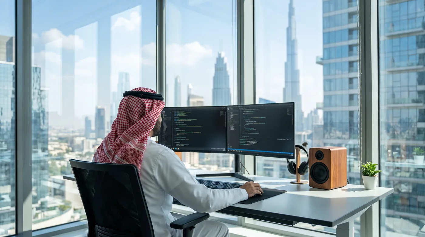 Engineer at a dual-monitor workstation in a Dubai office overlooking the Burj Khalifa